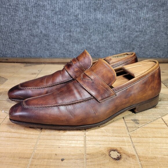 Magnanni for Neiman Marcus Mens 10M Leather Penny Loafers Cognac Brown- 21640 - Picture 2 of 15